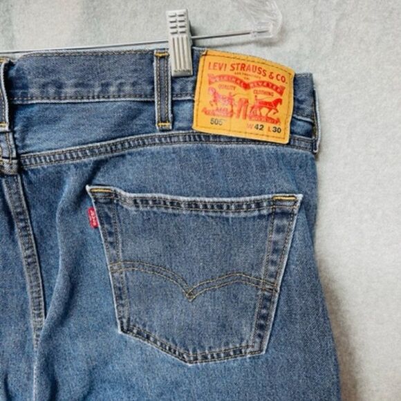 Levis 505 Jeans Men’s 42x30 Regular Fit Straight Leg Blue Denim Used Jeans Excel - Picture 4 of 6
